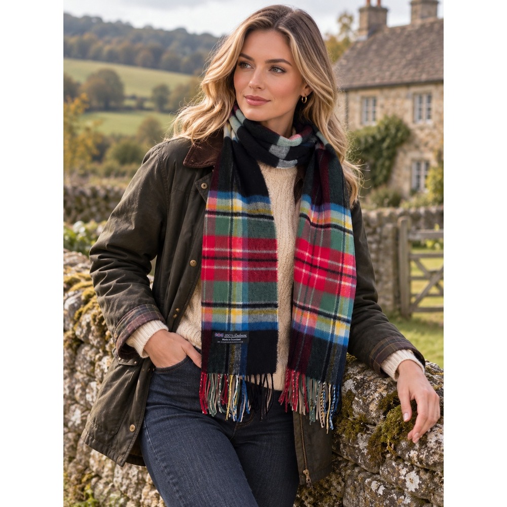Vintage 80s Made in Scotland 100% Cashmere Scarf Multicolor Tartan Plaid Fringe